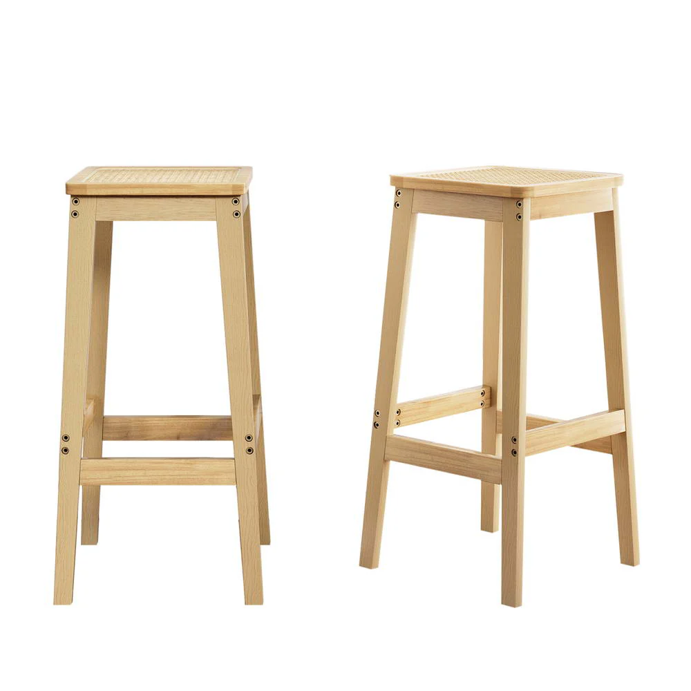 Set of 2 Brussels Bar Stools Rubber Wood Stool Counter Chair Rattan Barstools Kitchen - Natural Wood - Nurns