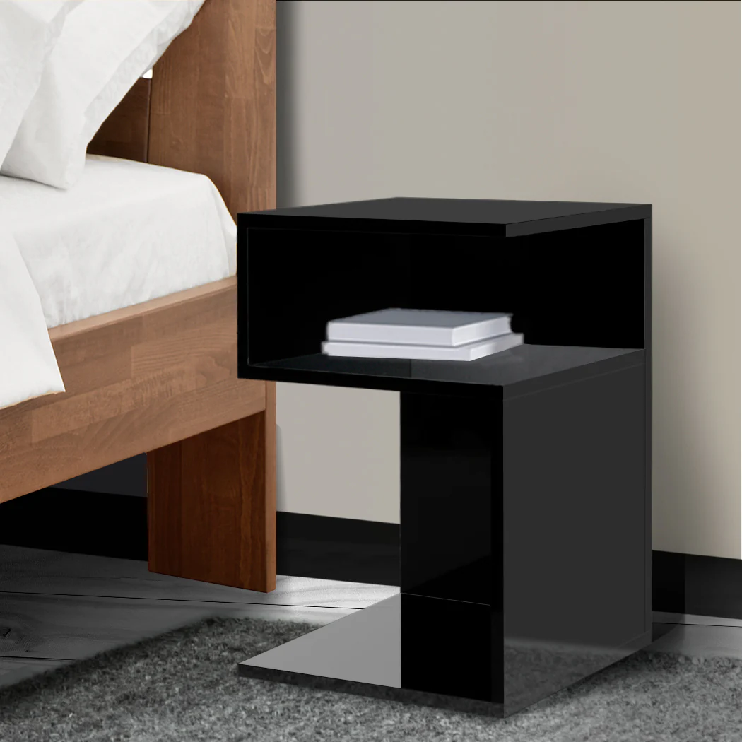 Dawson Wooden High Gloss Bedside Tables Wood Nightstand Storage Cabinet Bedroom - Black - Nurns