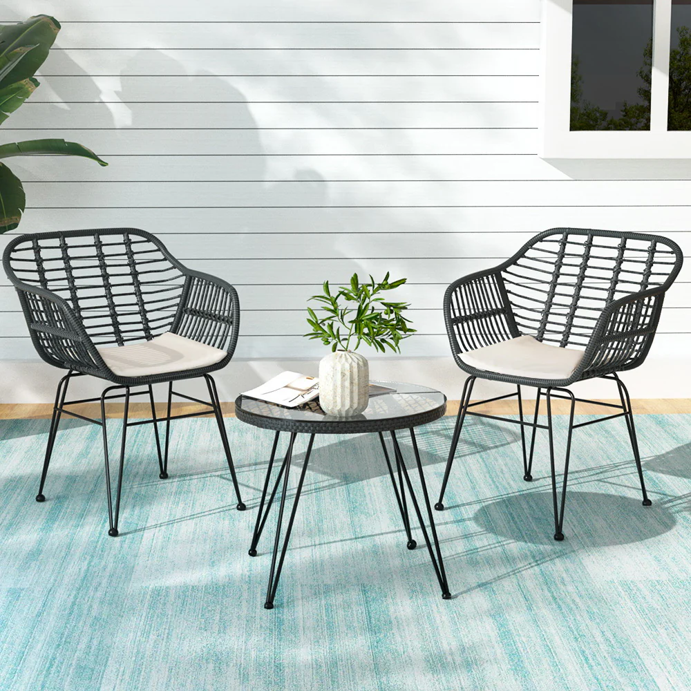 Dalton 2-Seater Table Chairs Patio 3-Piece Outdoor Furniture - Grey - Nurns