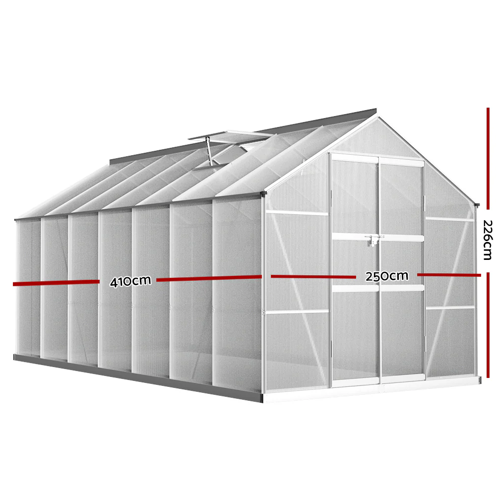 Greenfingers Greenhouse 4.1x2.5x2.26M Double Doors Aluminium Green House Garden Shed - Nurns