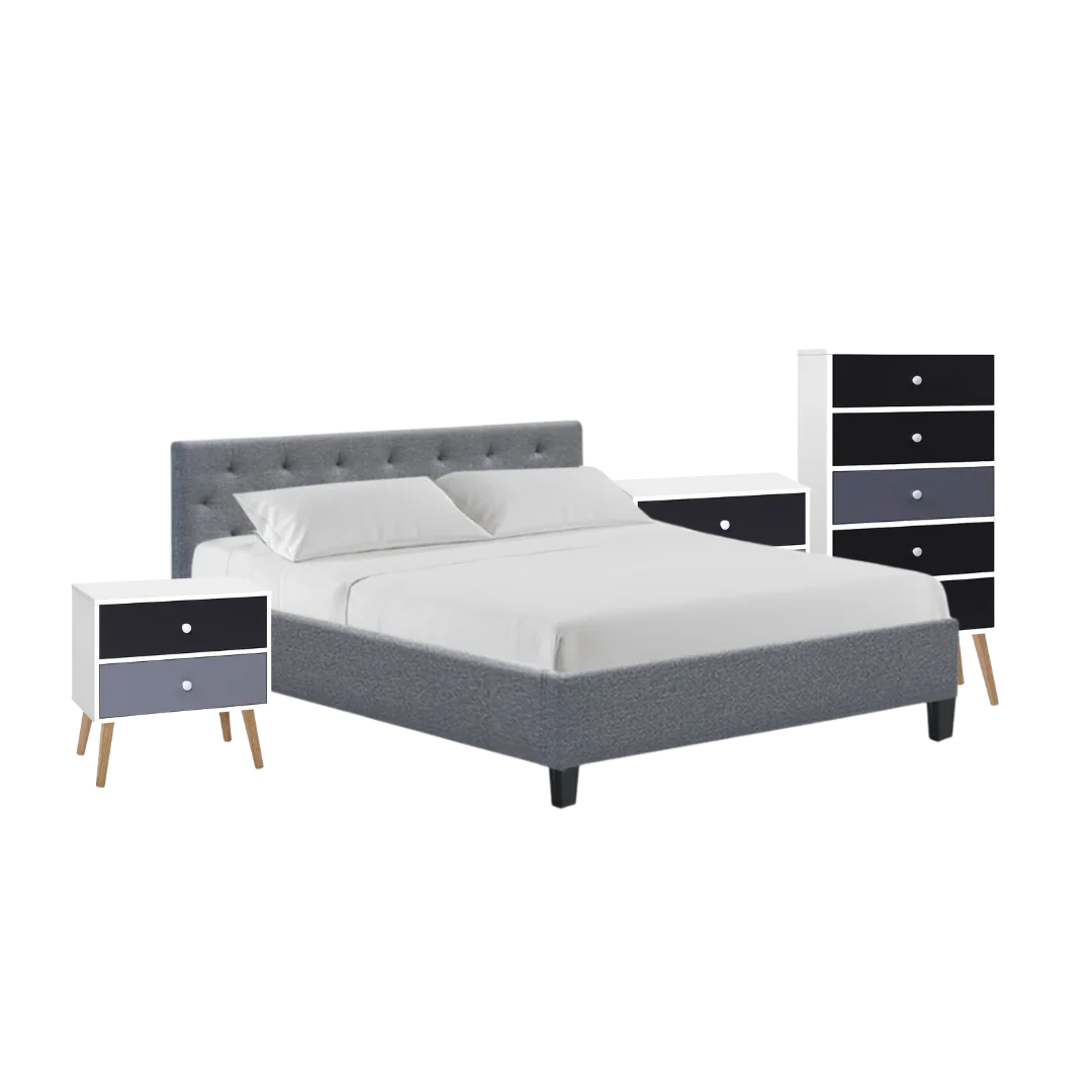 Derry Queen Bedroom Suite 5 Piece 1x Queen Mattress, 1x Queen Bed Frame Fabric, 2x Two-tone Bedside Tables and 1x Tallboy - Nurns