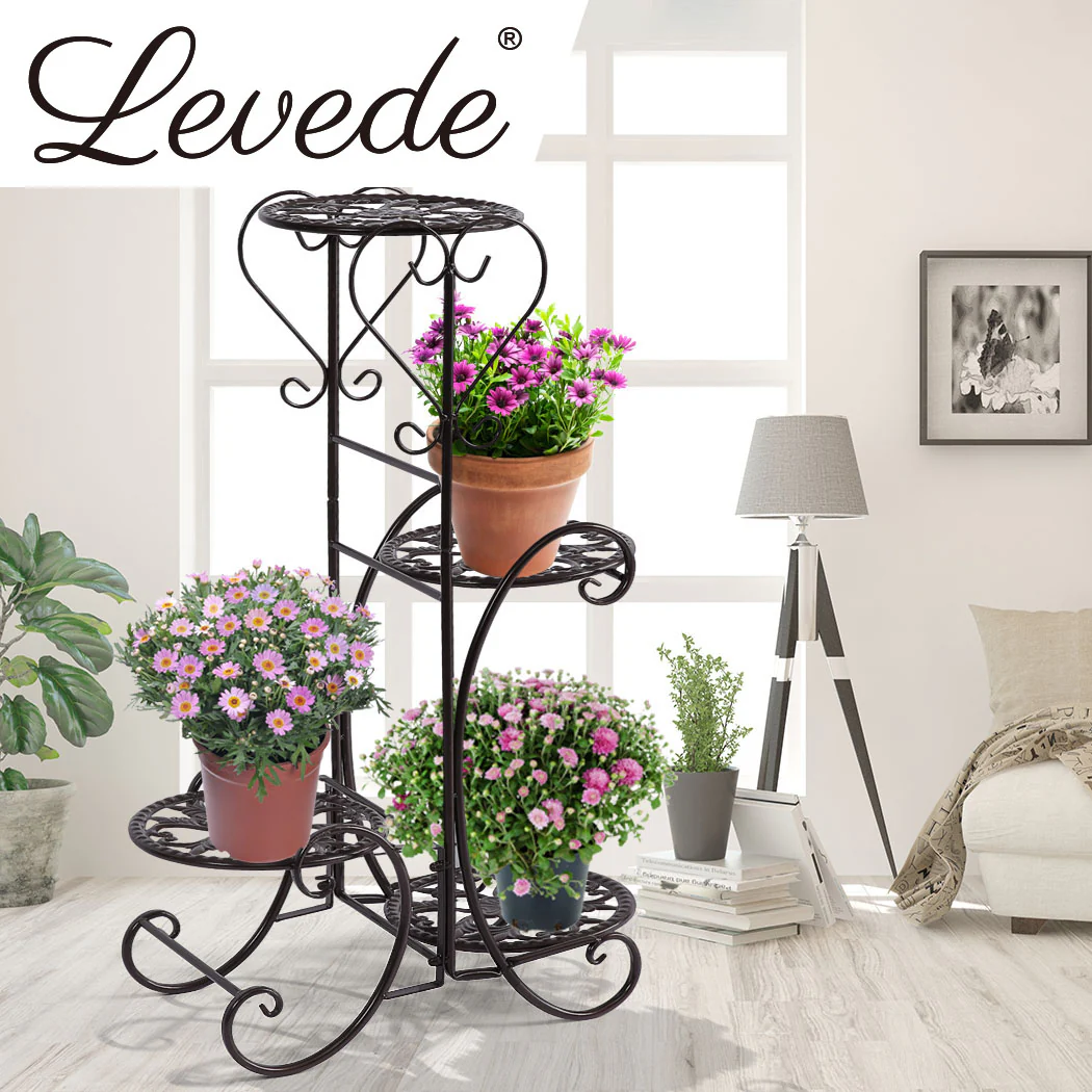Set of 2 Flower Shape Metal Plant Stand with 4 Plant Pot Space in Black Colour - Nurns
