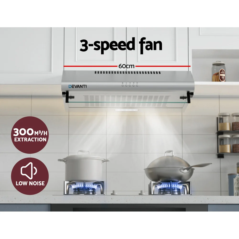 Devanti 600mm Range Hood 60cm Rangehood Kitchen Canopy LED Light Stainless Steel - Nurns