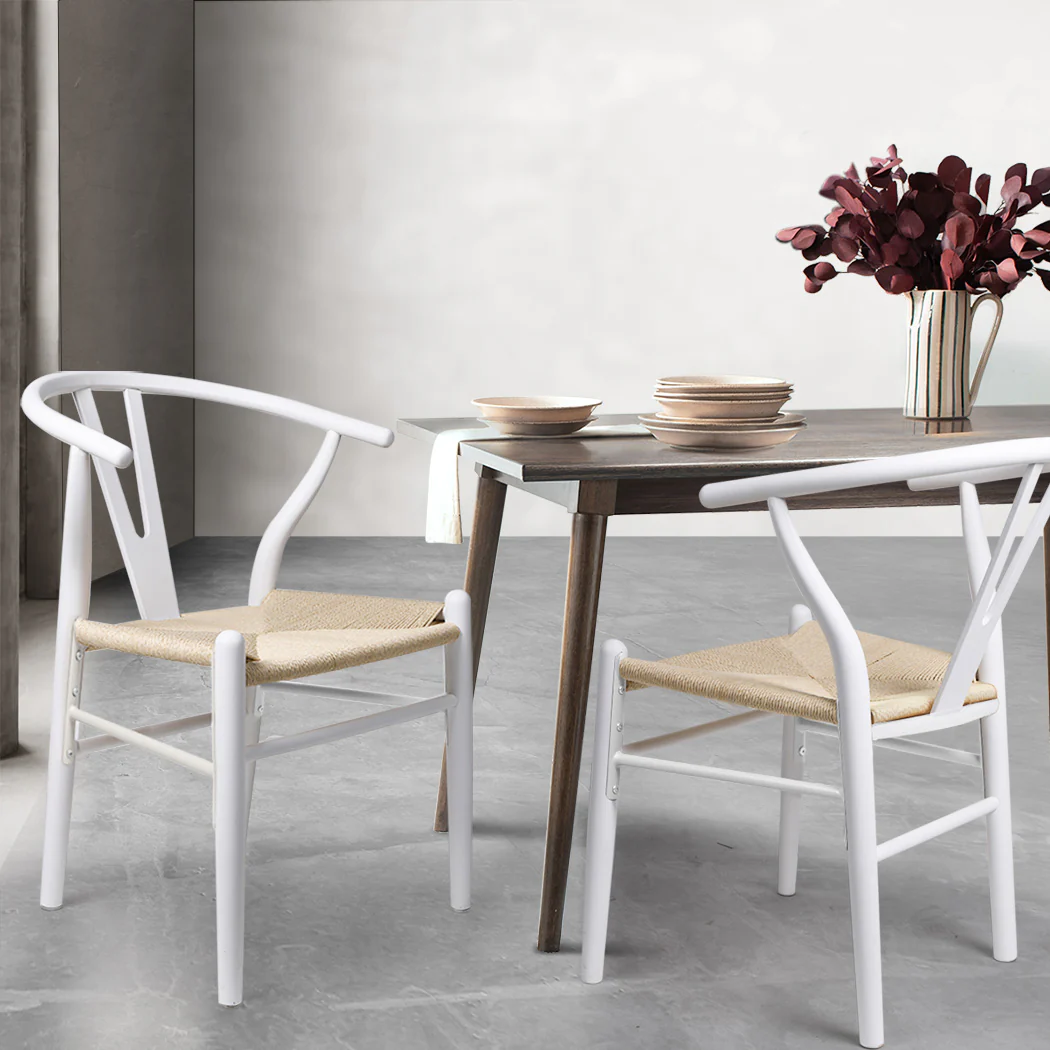 Jett Set of 2 Dining Chairs Rattan Seat Side Kitchen Wood Furniture - White - Nurns