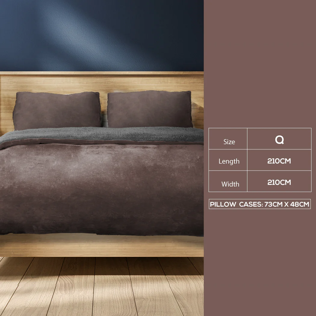 QUEEN Luxury Flannel Quilt Cover with Pillowcase - Brown - Nurns