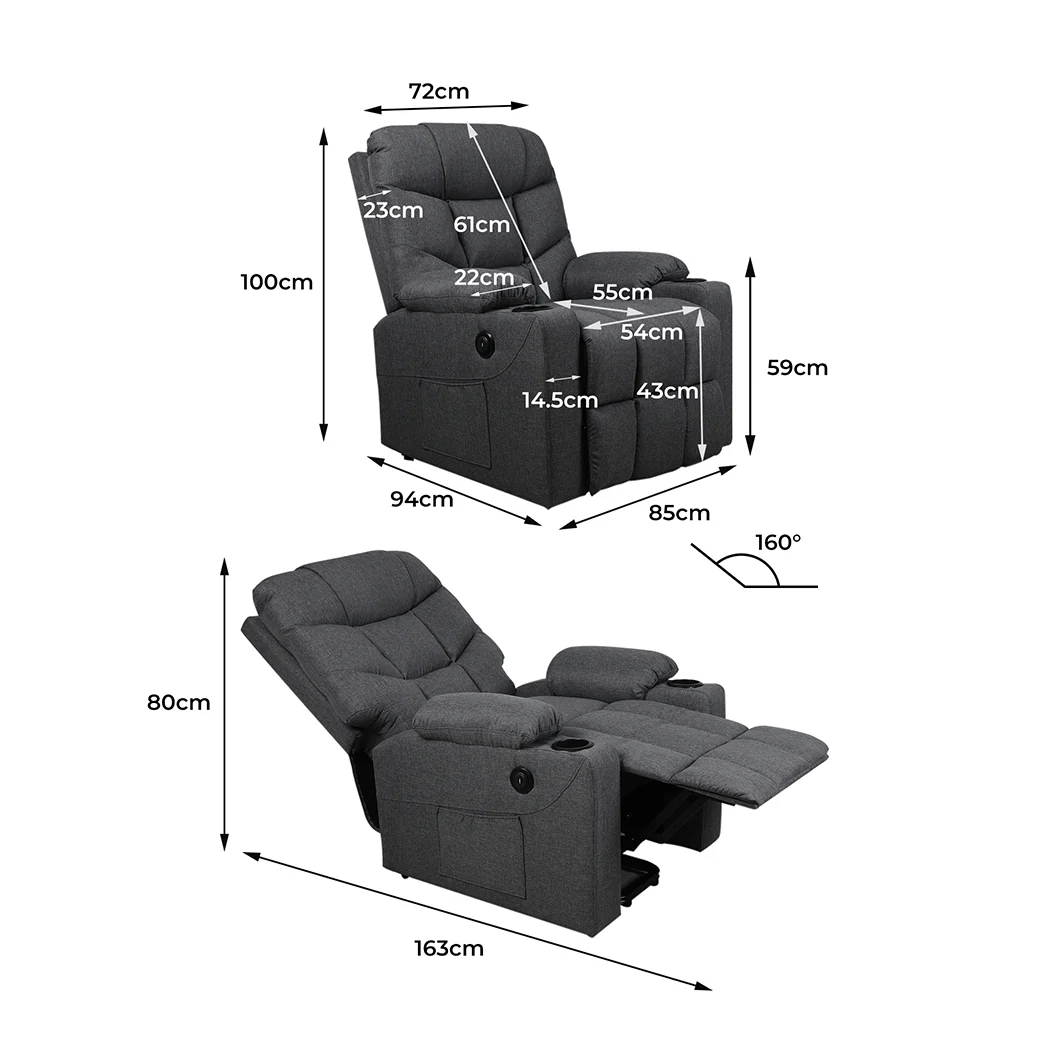 Medea Recliner Chair Electric Lift Chair Armchair Lounge Fabric USB Charge - Grey - Nurns