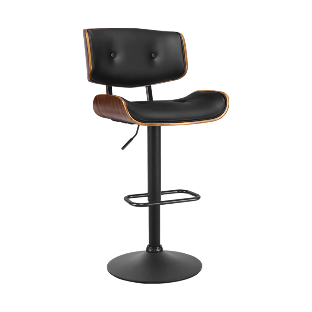 85cm Ancona Bar Stool Gas Lift Wooden PU Leather - Black - Nurns