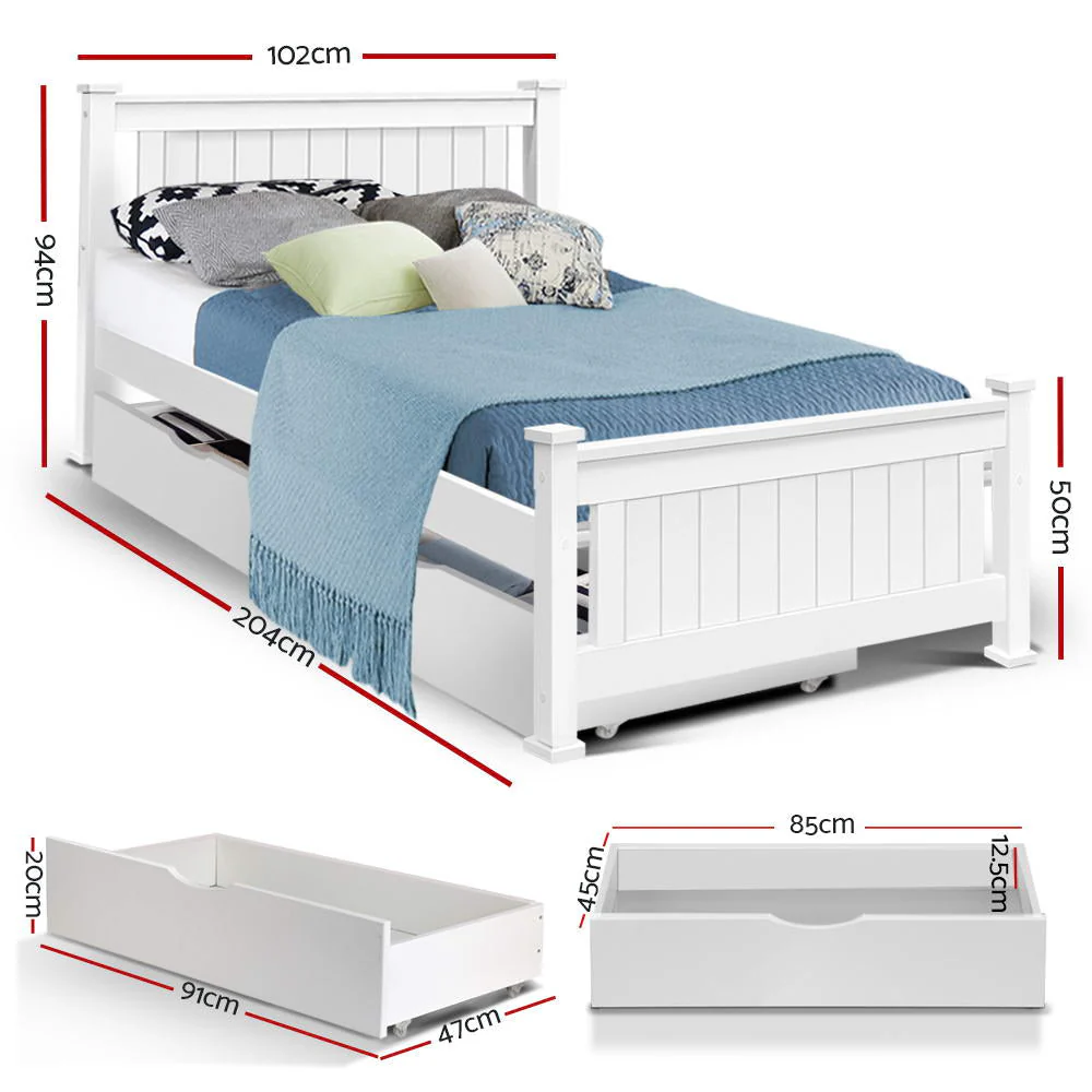 Norwich Single Bedroom Suite 5 Piece 1x Single Mattress, 1x Single Wooden Bed Frame with Drawers, 2x White Bedside Tables and 1x White Tallboy - Nurns