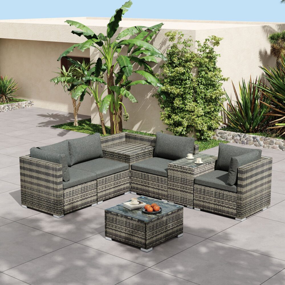 Quincy 6-Seater Wicker Lounge 7-Piece Outdoor Wicker with Storage Cover - Grey - Nurns