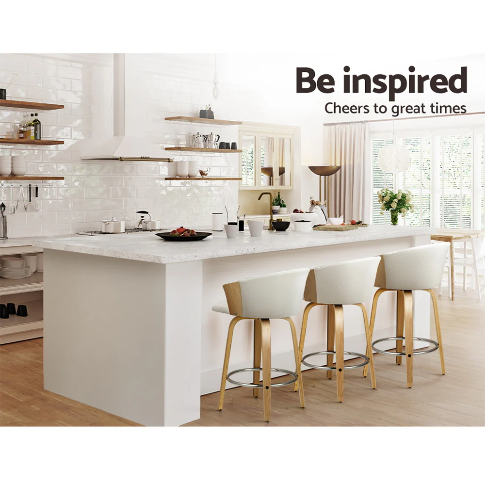 Set of 2 Salisbury Bar Stools Kitchen Stool Wooden Chair Swivel Chairs Leather - White - Nurns