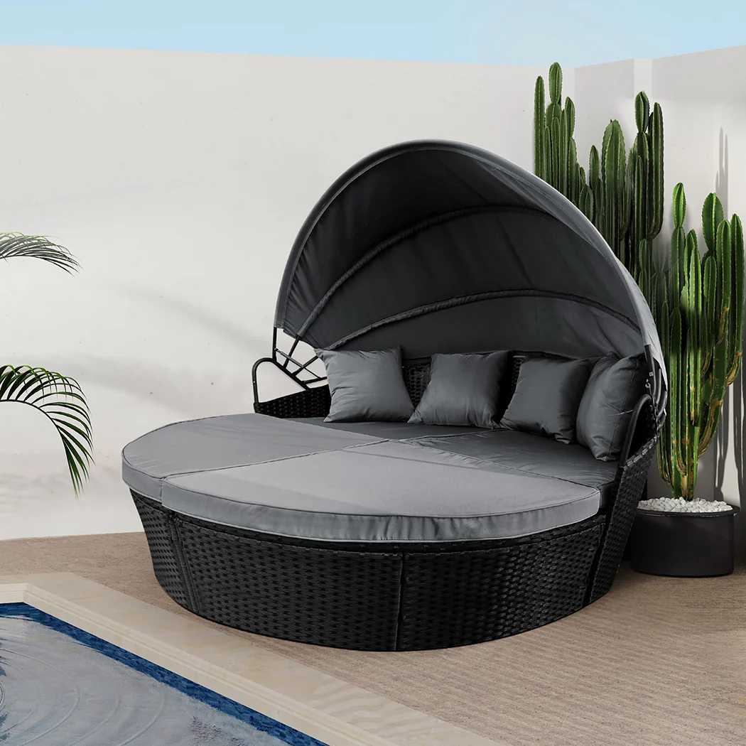 Amelie Day Bed Sofa Daybed Outdoor Garden Sun Lounge Furniture Wicker Round with Grey Cushion - Black - Nurns