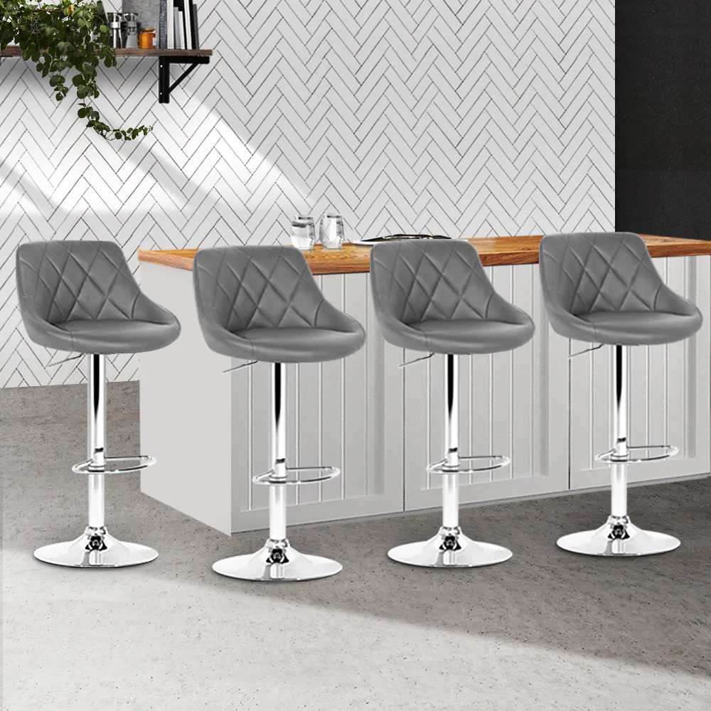 Set of 4 Corfu Bar Stools PU Leather Diamond Style - Grey - Nurns