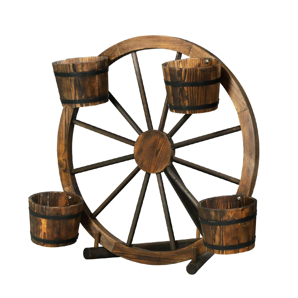Garden Ornaments Decor Wooden Wagon Wheel Rustic Outdoor Planter flower - Nurns