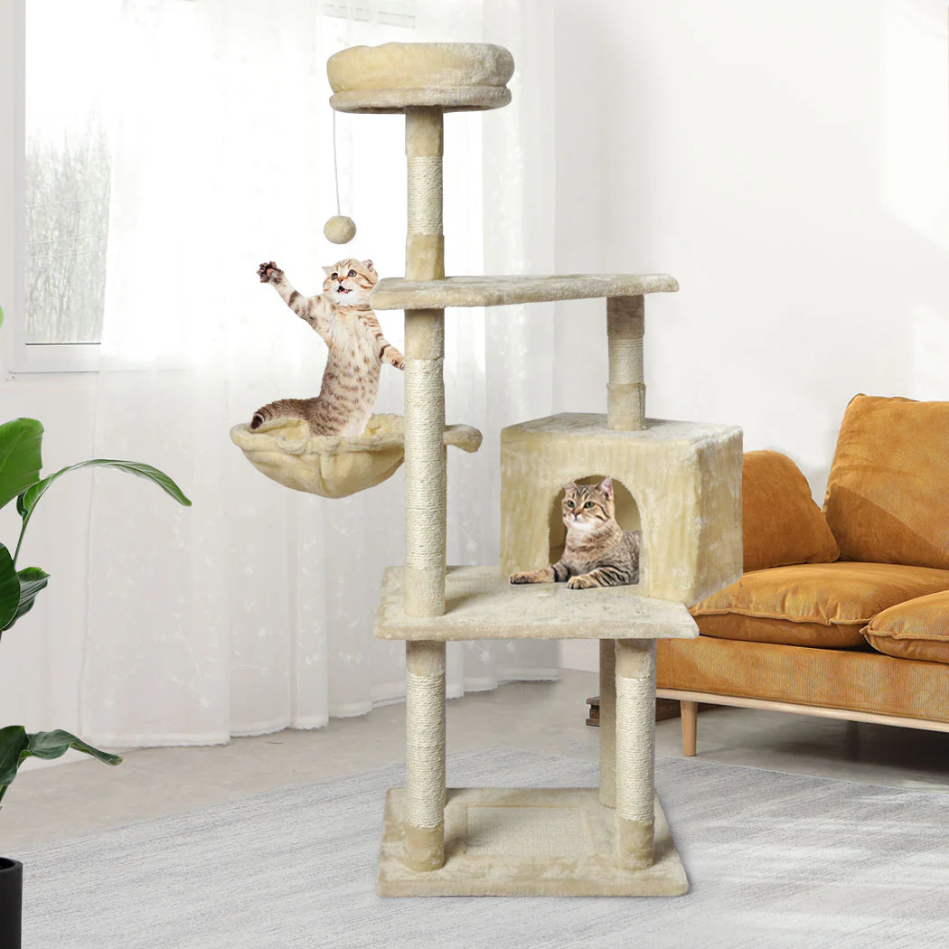 Cat Tree Toy Scratching Post Scratcher Tower Condo Wooden House Cream 130cm - Nurns