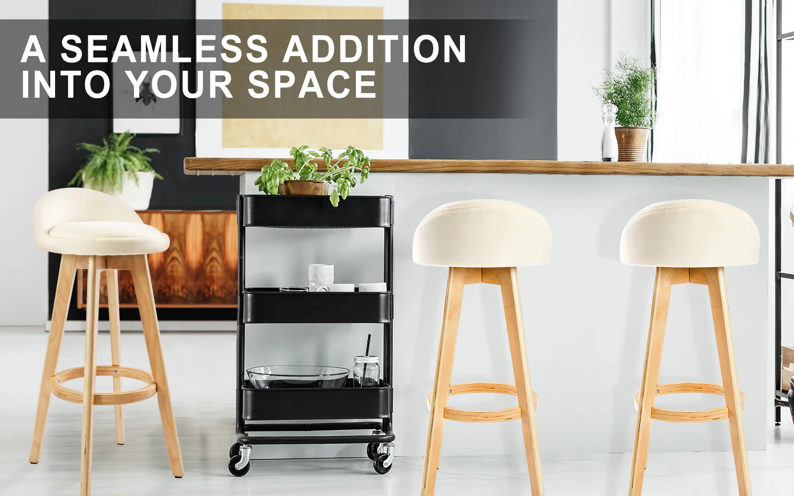 Set of 2 London Wood Bar Stool Dining Chair Fabric - Beige - Nurns