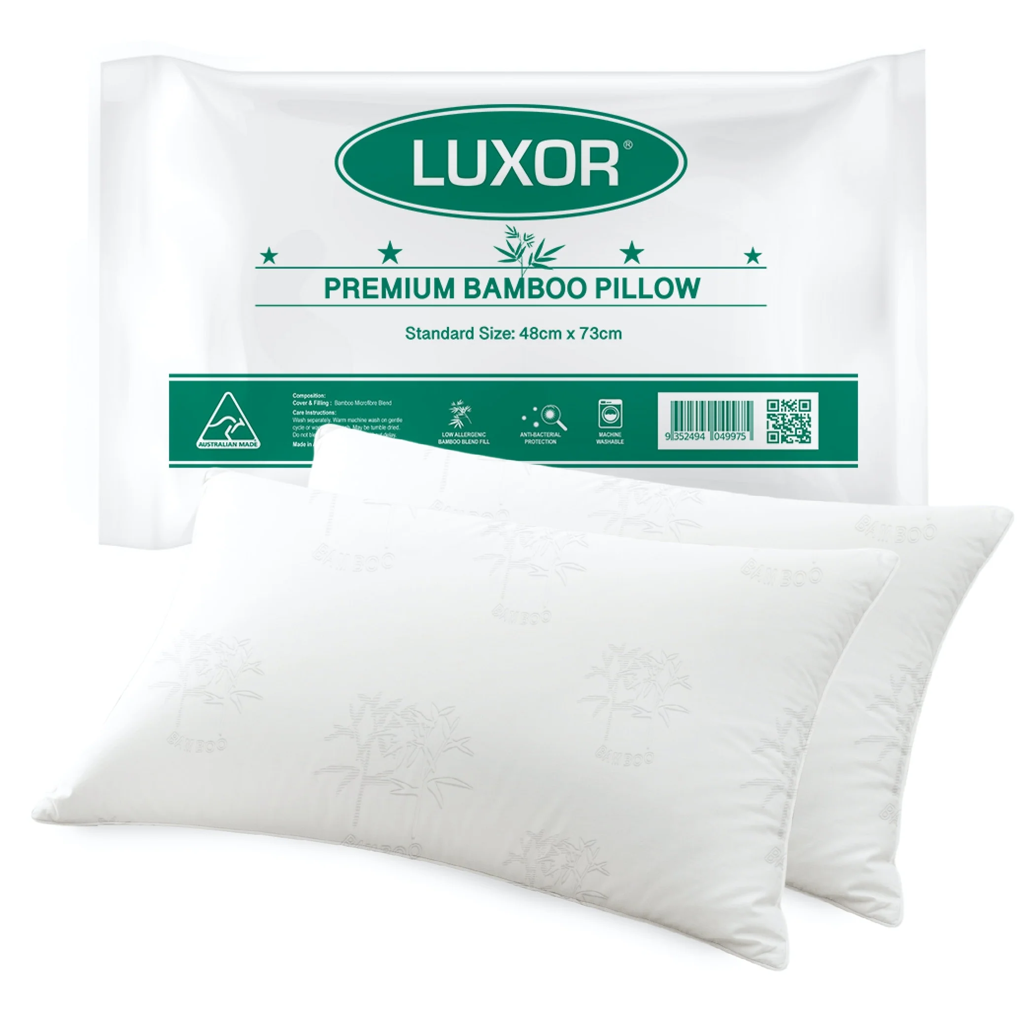 Set of 2 Australian Made Bamboo Cooling Pillow Standard - White - Nurns