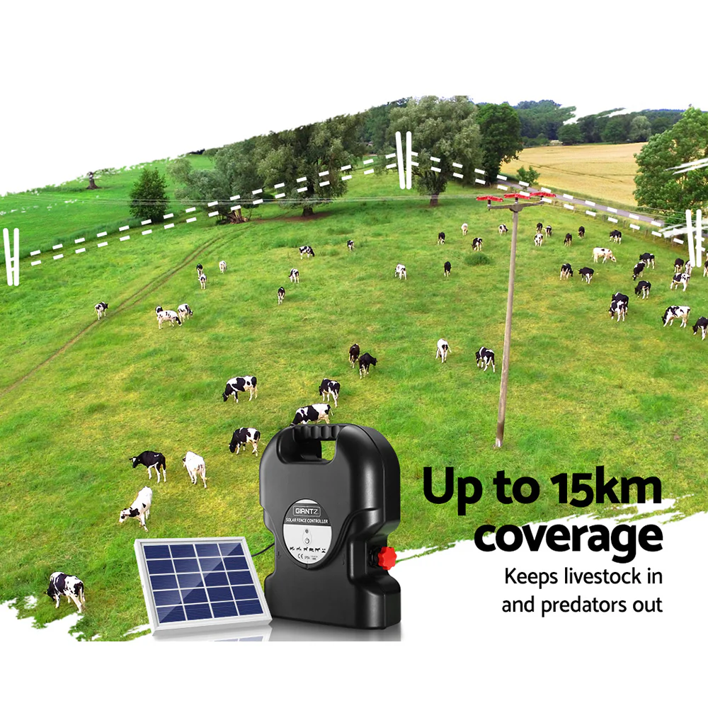 Giantz Electric Fence Energiser Solar Fencing Energizer Charger Farm Animal 15km 0.8J - Nurns