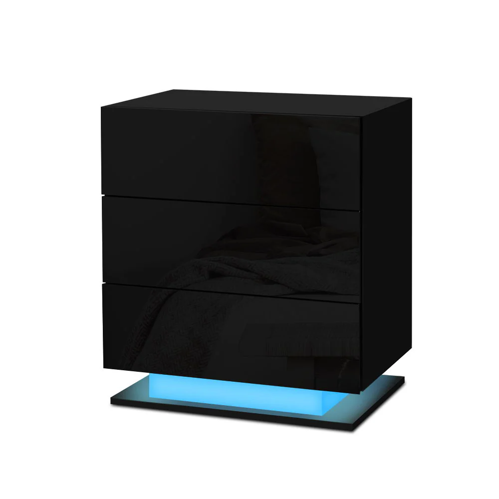 Lachine LED High Gloss Bedside Tables Side Table RGB LED Lamp Nightstand Gloss with 3 Drawers - Black - Nurns