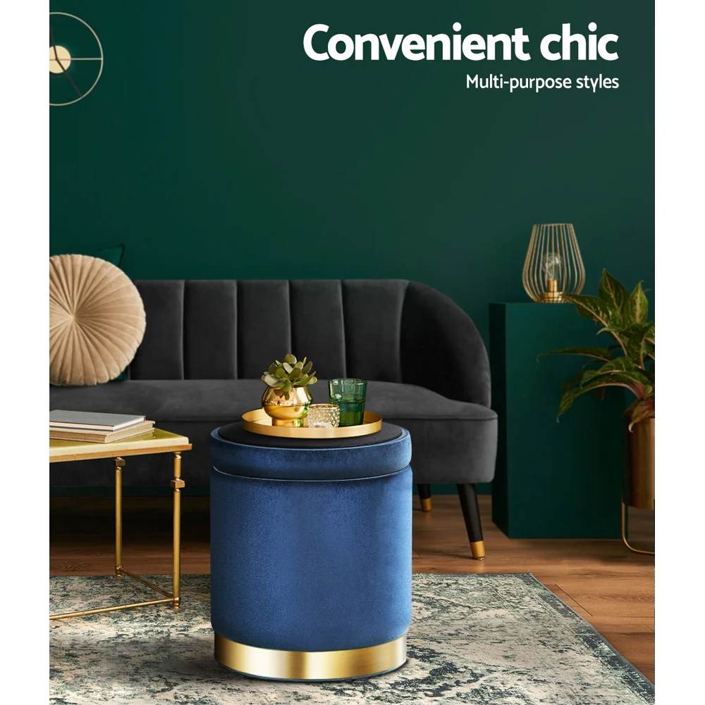 Foot Stool Round Velvet Storage Ottoman Foot Rest Pouffe Footstool Navy - Nurns