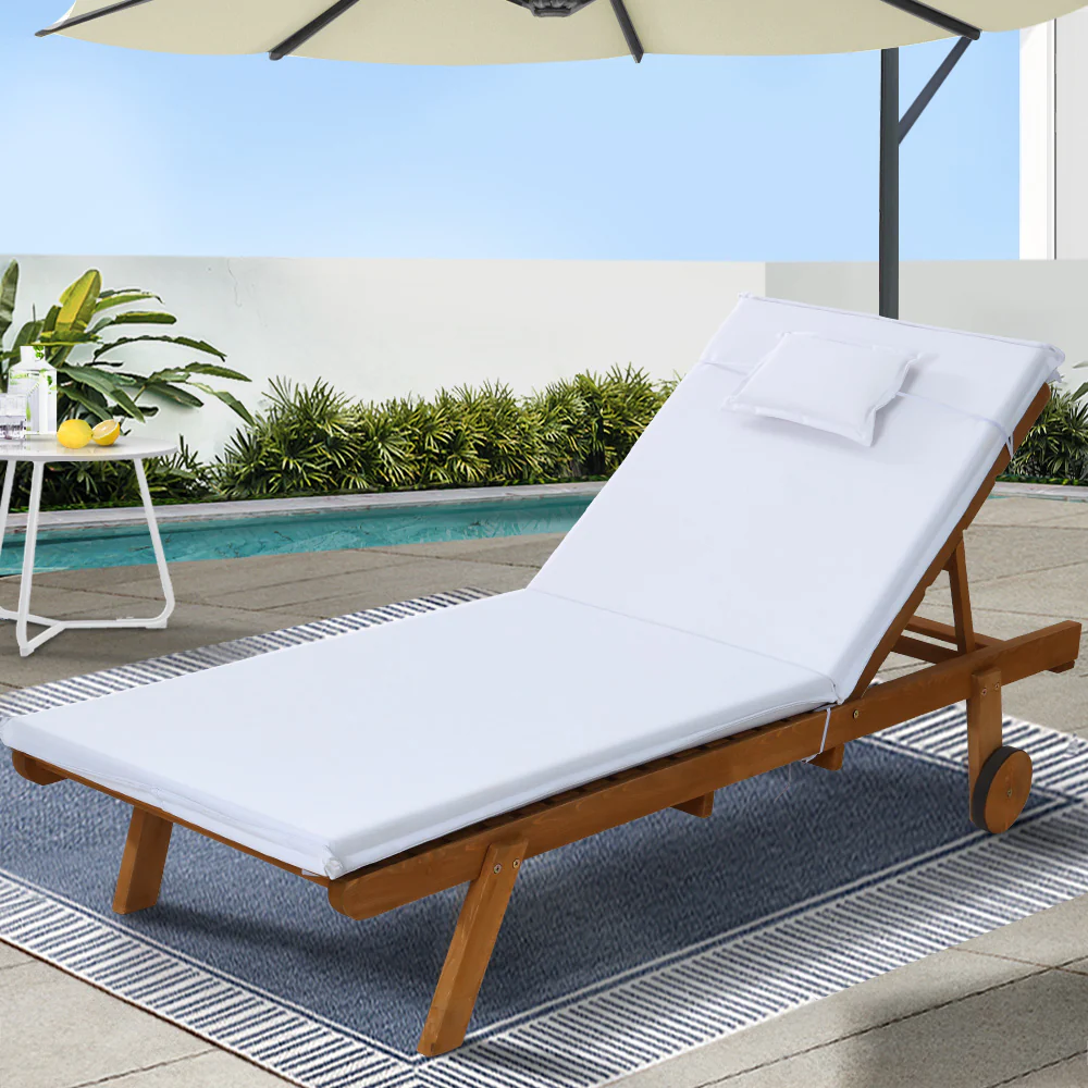Manchester Outdoor Sun Lounger Wooden Lounge Day Bed Patio Outdoor Setting Furniture with Wheels - White - Nurns