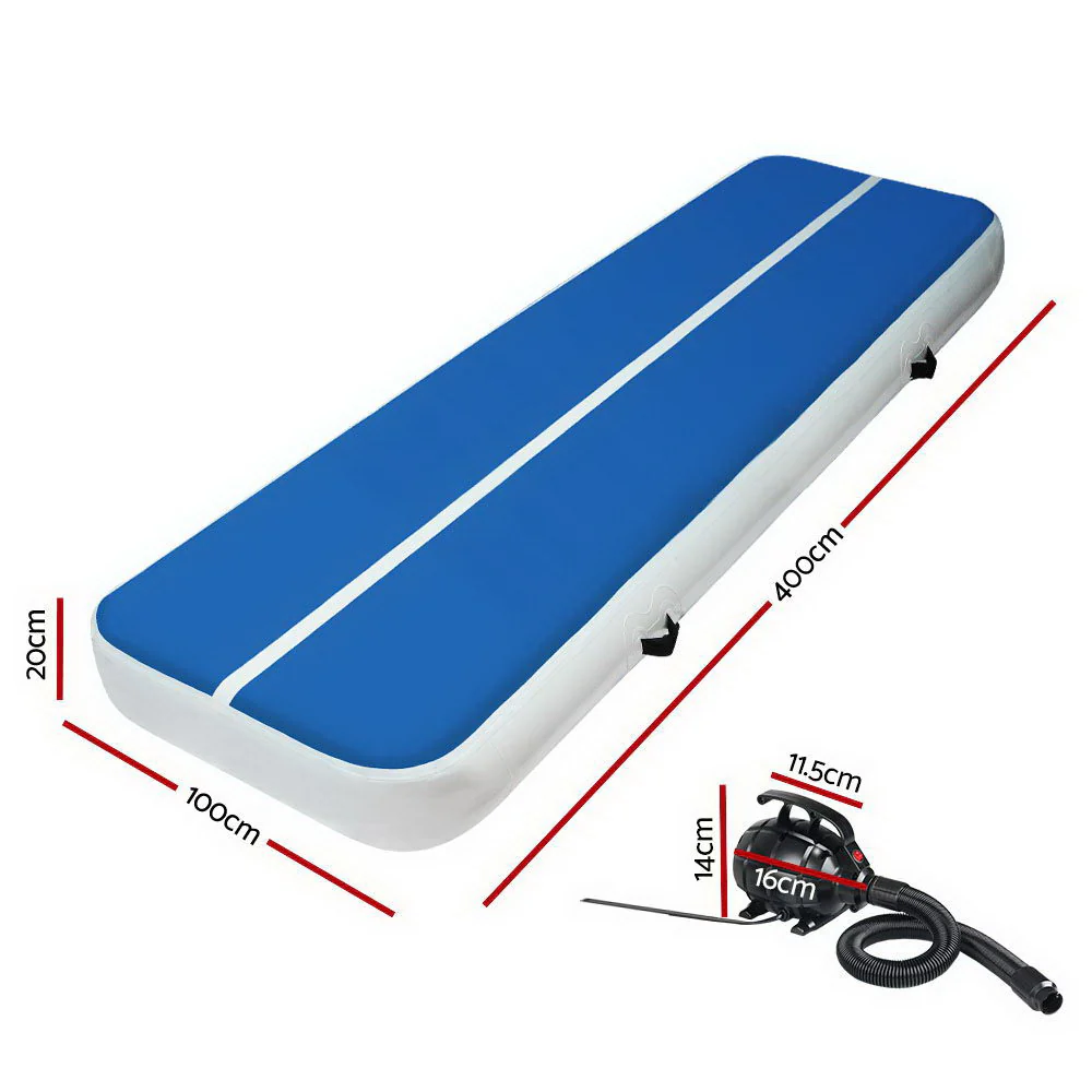 Everfit 4X1M Inflatable Air Track Mat 20CM Thick with Pump Tumbling Gymnastics Blue - Nurns