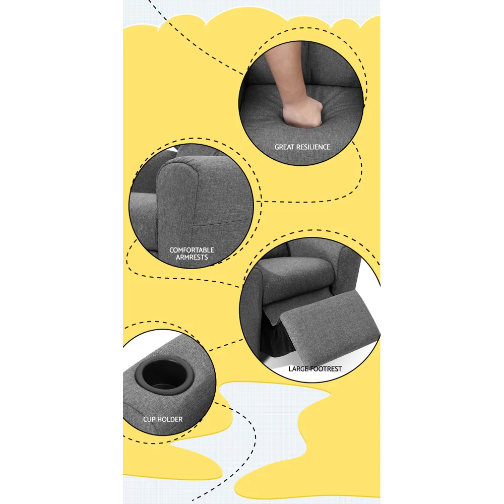 Percy Kids Recliner Chair Linen Soft Sofa Lounge Couch Children Armchair - Grey - Nurns