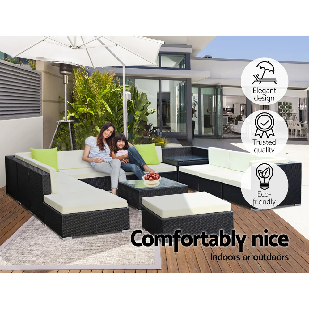 Chester 12-Seater Furniture Set Wicker Garden Patio Lounge 13-Piece Outdoor Sofa - Black - Nurns