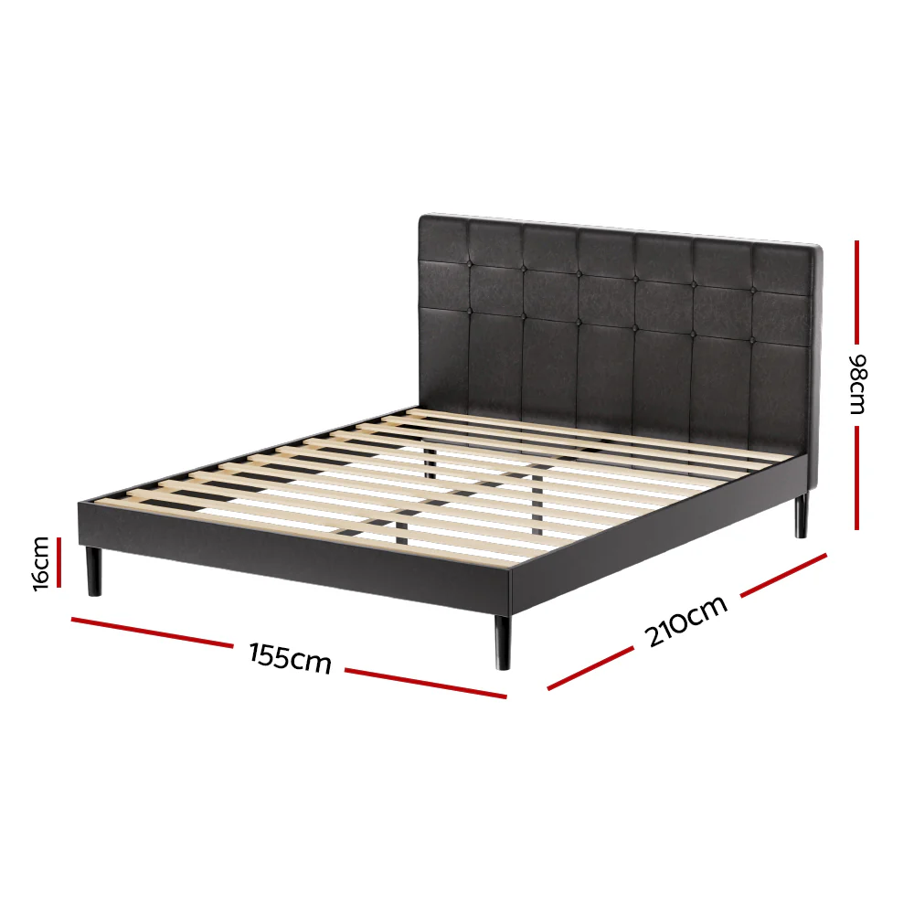 Eloise Bed Frame Base with LED Lights Charge Ports Leather - Black Queen - Nurns