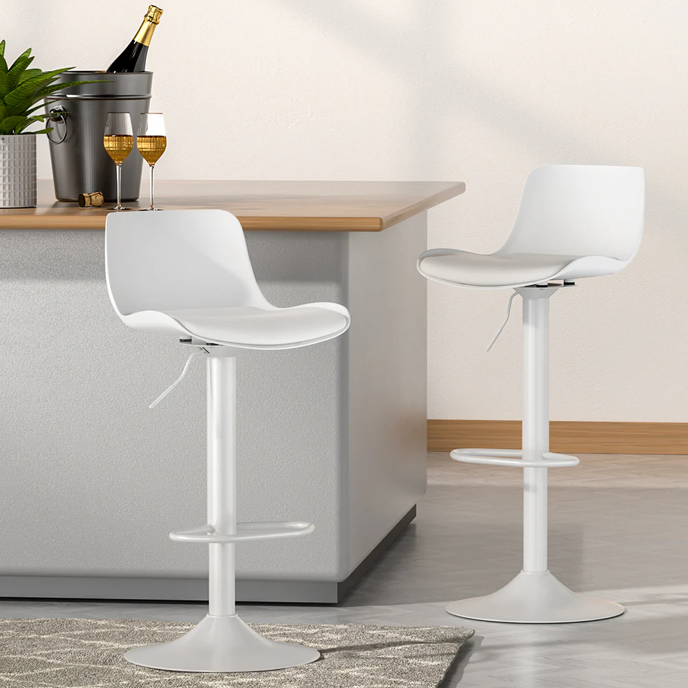 Set of 2 Cairo Bar Stools Kitchen Swivel Gas Lift Stool Leather - White - Nurns