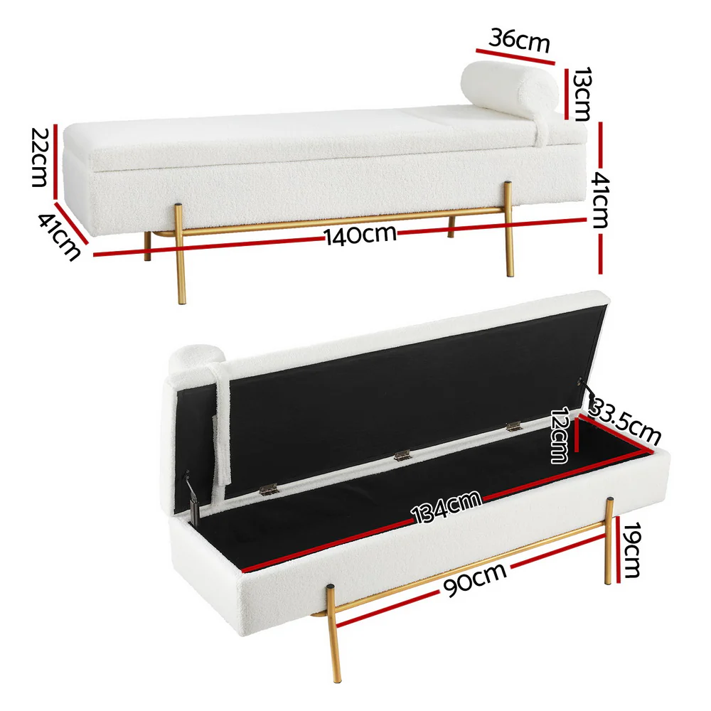 Storage Ottoman Bed 140cm Pillow Bouclé Fabric - White - Nurns