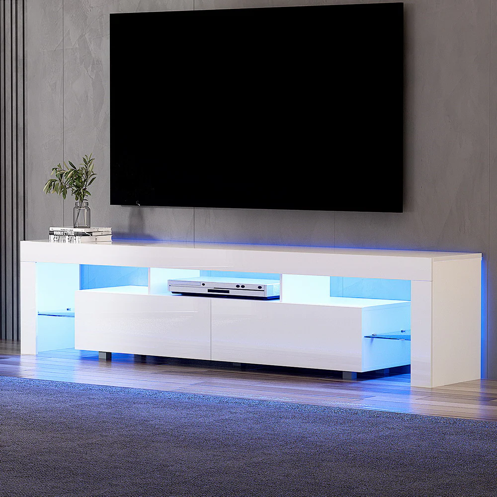 Erica 200cm TV Cabinet Entertainment Unit Stand RGB LED Gloss Furniture - White - Nurns