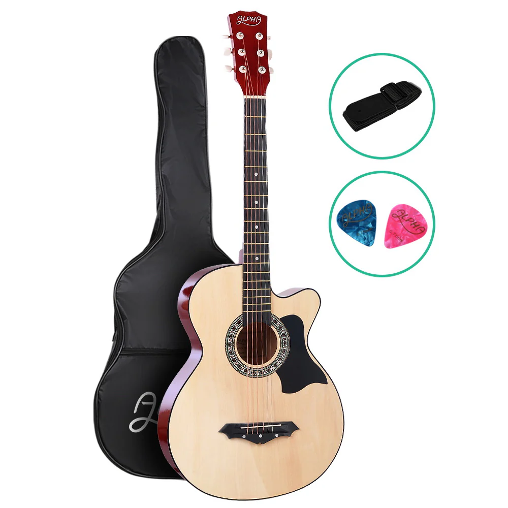 Alpha 38 Inch Acoustic Guitar Wooden Body Steel String Full Size Cutaway Wood - Nurns