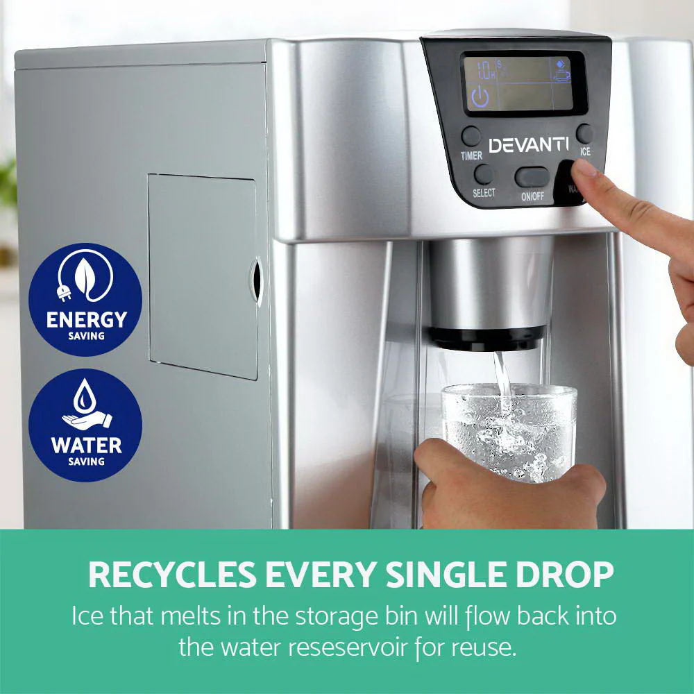 Devanti 2L Portable Ice Cuber Maker & Water Dispenser - Silver - Nurns