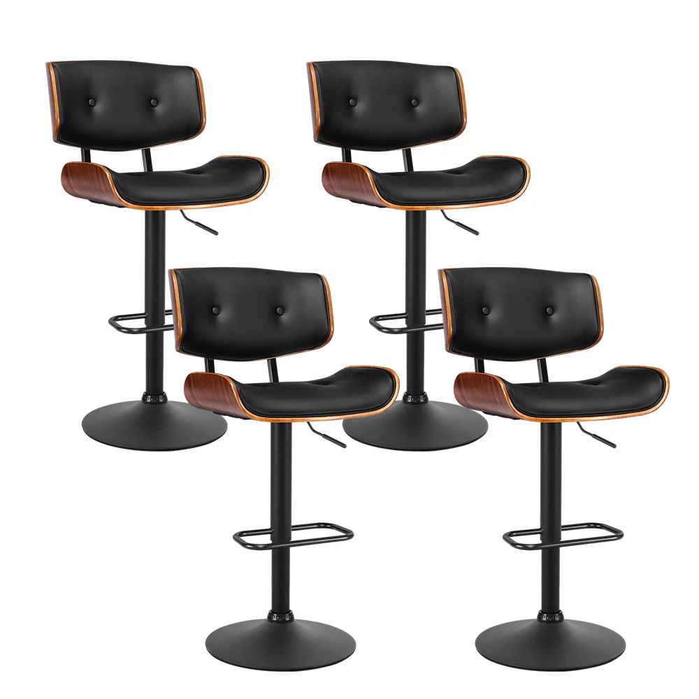 Set of 4 Ancona Kitchen Bar Stools Gas Lift Stool Chairs Swivel Barstool Leather - Black - Nurns