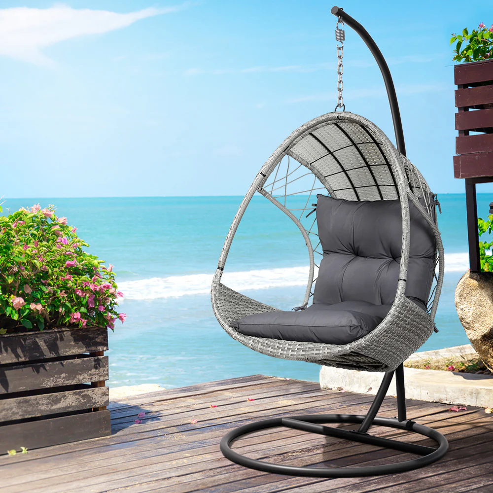 Layla Outdoor Egg Swing Chair with Stand Cushion Wicker Armrest - Light Grey - Nurns