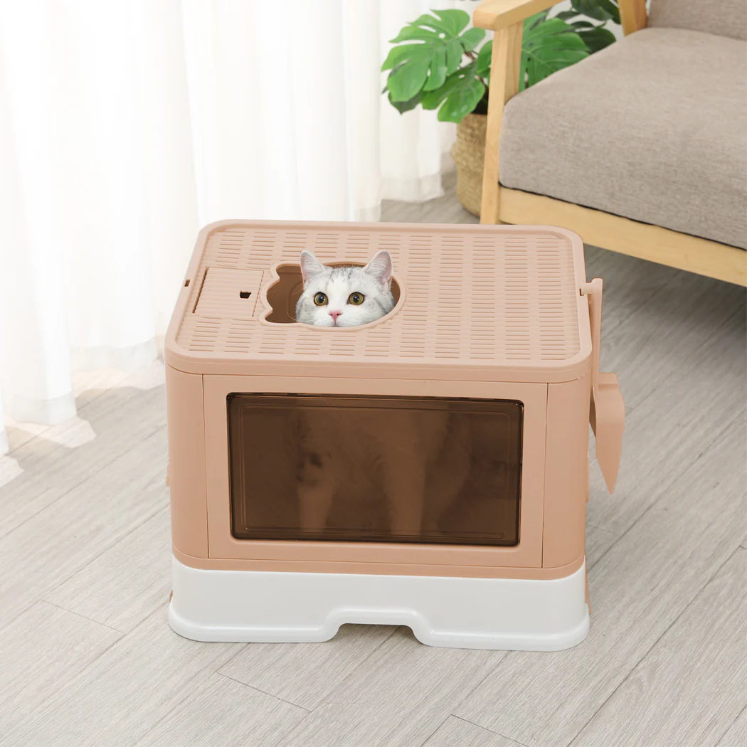Foldable Cat Litter Box Tray Enclosed Kitty Toilet Hood Hair Grooming Pink - Pink - Nurns