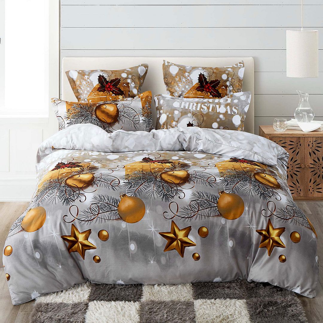QUEEN 3-Piece Christmas Quilt Duvet Cover Set - Grey & Gold - Nurns