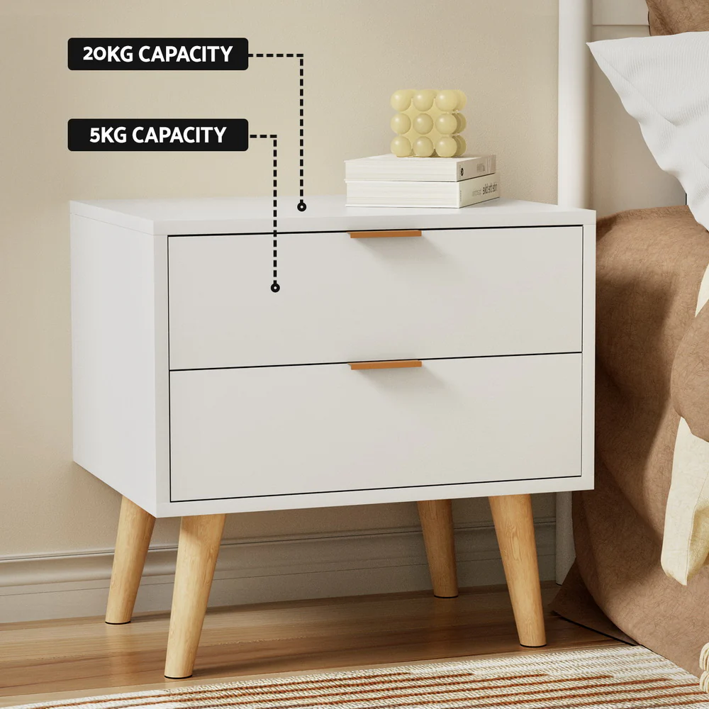 Barrie Wooden Bedside Tables with 2 Drawers - White - Nurns