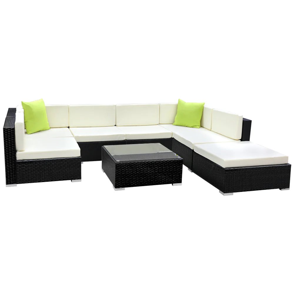 Chester 7-Seater Furniture Set Wicker Garden Patio Pool Lounge 8-Piece Outdoor Sofa - Black - Nurns
