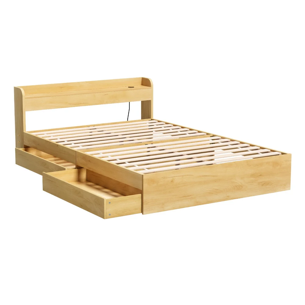 Bari Bed Frame with Charging Ports and 2 Drawers - Wood Double - Nurns