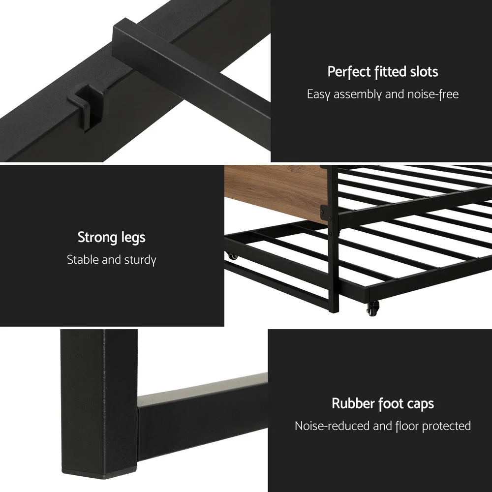 Orly Metal Bed Frame with Trundle Daybed - Black Single - Nurns