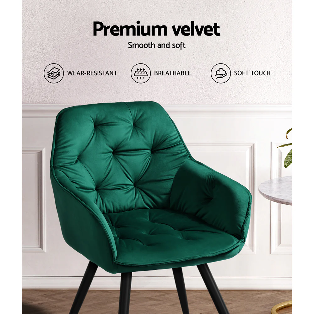 Everly Set of 2 Dining Chairs Velvet Diamond Tufted Armchair - Green - Nurns
