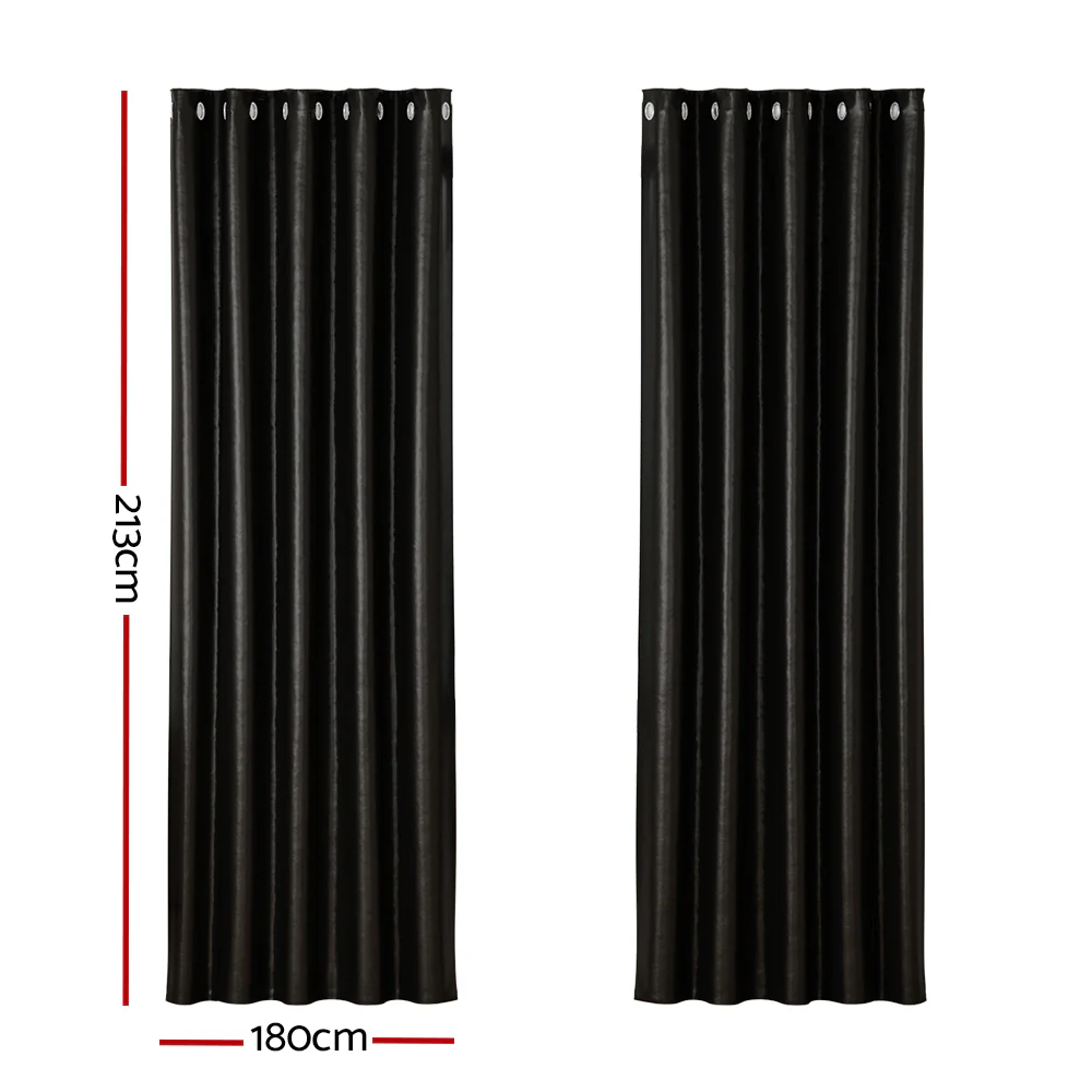 Set of 2 Blockout Curtains Blackout Window Curtain Eyelet 180x213cm Black Shine - Nurns