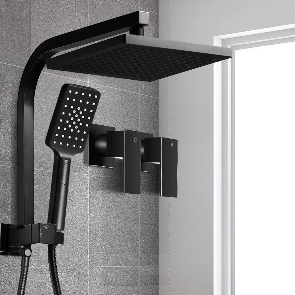8'' Rain Shower Head Set Handheld Square High Pressure Twins Tap - Black - Nurns