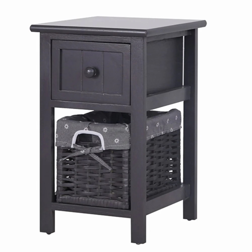 Belleville Wooden Bedside Tables with Wicker Basket - Grey - Nurns