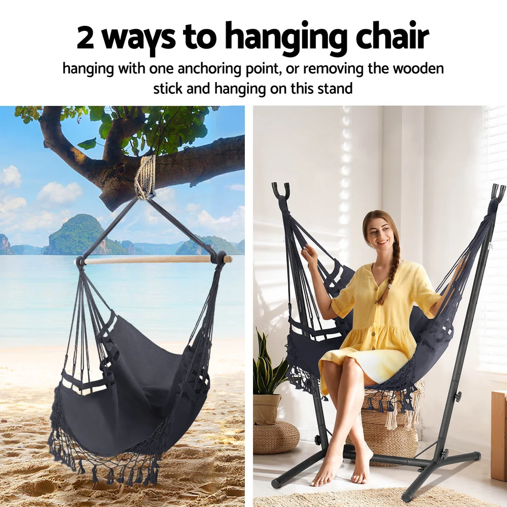Hammock Chair Outdoor Camping Hanging with Stand 150x90cm - Grey - Nurns