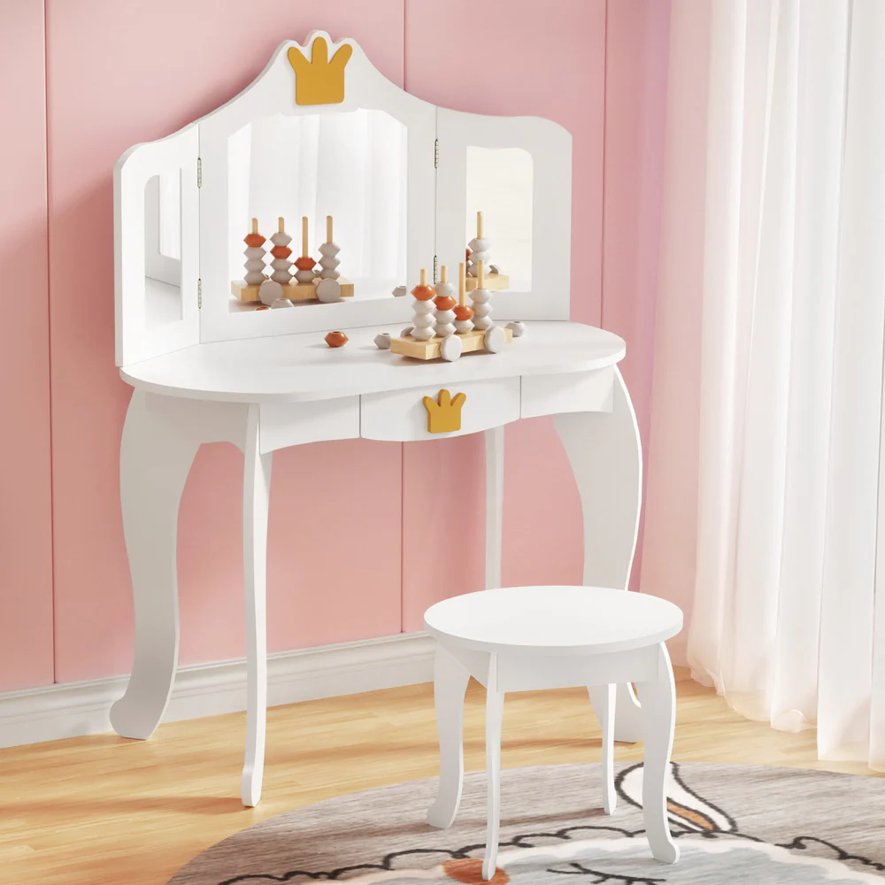 Kids Dressing Table Vanity Makeup Chair Set Wooden 3 Mirror Drawer - White - Nurns