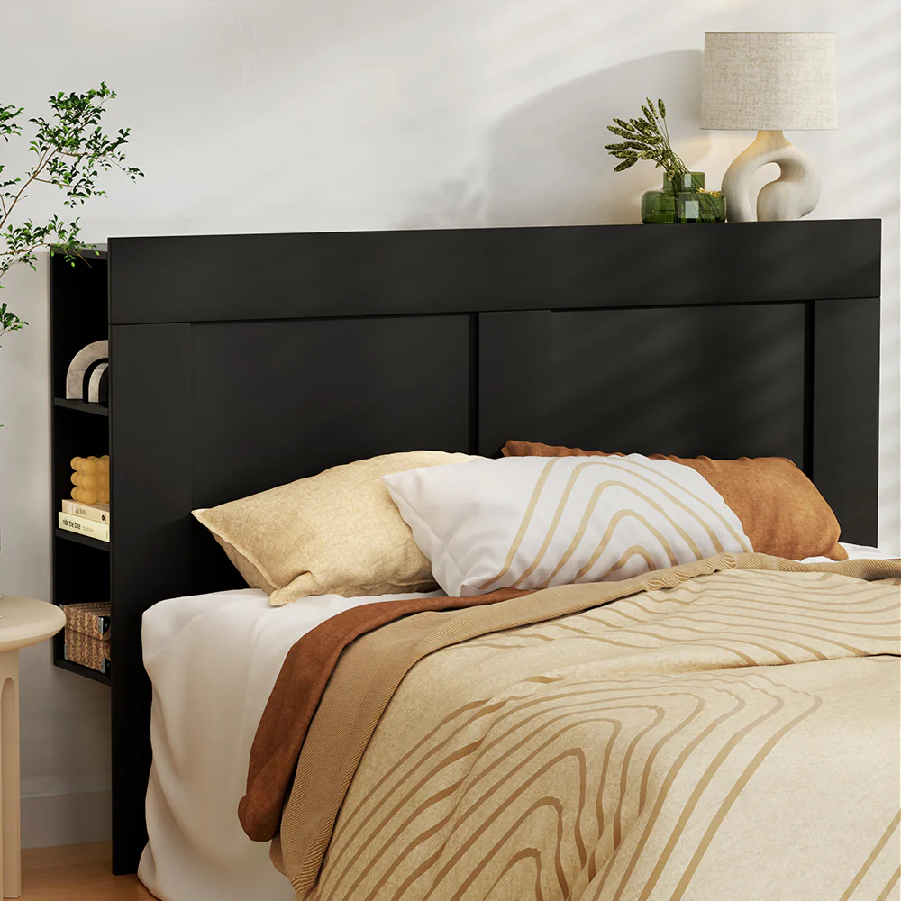 Bed Head With Shelves Headboard Bedhead Base - Black Queen - Nurns