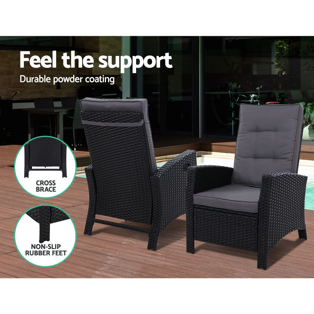 Ross 5-Piece Recliner Chair Outdoor Furniture Setting Patio Wicker Sofa Chair and Ottoman - Black - Nurns