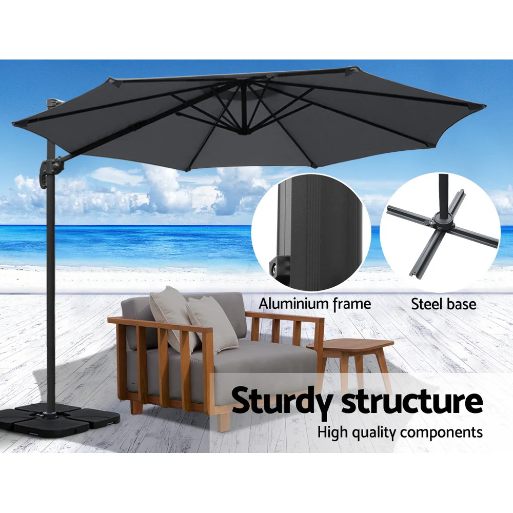 Instahut 3m Outdoor Umbrella w/Base Cantilever Beach Roma 360 Degree Tilt Charcoal - Nurns